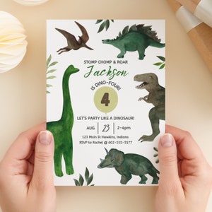 Dino Four Birthday Invitation Template, Dino-Four Birthday, 4th dinosaur invite, Four Rex Birthday Invitation, Dino 4 Birthday Invite, B8
