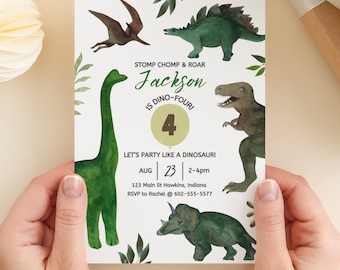 Szablon zaproszenia urodzinowego Dino Four, urodziny Dino Four, 4 zaproszenie dinozaura, zaproszenie urodzinowe Four Rex, zaproszenie urodzinowe Dino 4, B8