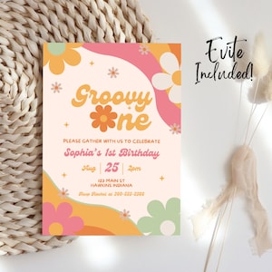 Groovy ONE Birthday Invitation Template, Groovy One Invitation, Groovy One Birthday Party, Invite, Boho Hippie, Evite, First Birthday, B38