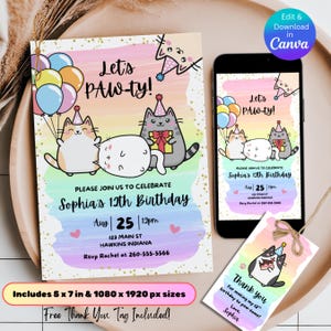 Bearbeitbare Katzen-Geburtstags-Einladung, Katzen-Thema-Geburtstags-Einladung, Bist du Kätzchen Ich Geburtstag, Paw-ty Geburtstag einladen, süße Kawaii Katze einladen