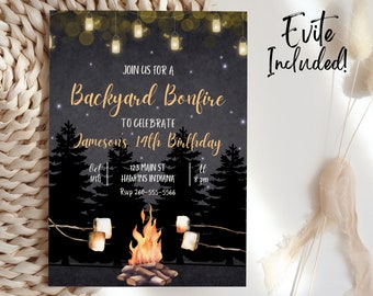 Bonfire Birthday Invitation, Bonfire Birthday Evite, Bonfire Invitation, Bonfire Party Invite, Editable Fall Party Invitation, B40