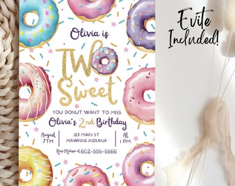 Two Sweet Birthday Invitation Template, Donut 2nd Birthday Invitation, evite two sweet, 2nd birthday girl, 2 sweet bday invitation, B14
