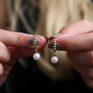 Solid Gold Dainty Hoop Earrings | Pearl Hoop Earrings | Solid Gold Huggie Earrings | Tiny Pearl Drop Earrings | Valentines Day Gift | Pearl