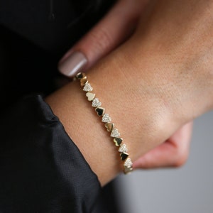 14K Heart Link Bracelet, Real Gold Mini Heart Bracelet, Love Chain Bracelet, Gemstoned Heart Chain Bracelet, Elegant Wedding Jewelry for her