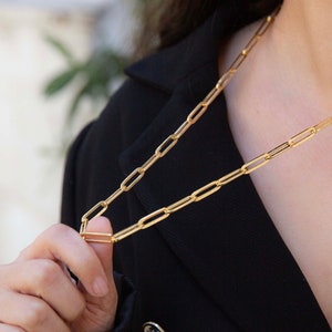 Gold Thick Paperclip Link Chain Necklace | Stackable Necklace | 14K Gold Chain | Oversized Gold Women Chain | Gold Staple Link Necklace