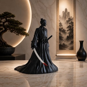 May include: A matte black figurine of a standing warrior with a topknot hairstyle, wearing a long flowing robe with a tied sash. The figure holds a curved sword with a silver blade and a distinct red tip, positioned in a dynamic stance.