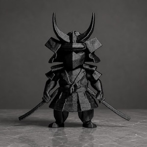 May include: A matte black figurine of a samurai warrior in traditional armour, featuring a horned helmet, a face mask, and layered shoulder guards. The figure stands in a forward-facing stance, holding two long swords extended outward at its sides.