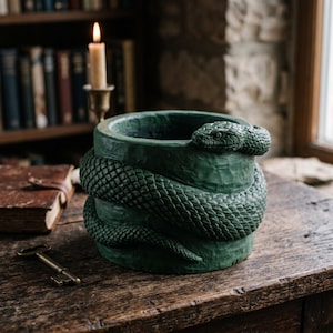 Può includere: Un vaso cilindrico verde scuro caratterizzato da un serpente scolpito avvolto attorno all'esterno. Il serpente presenta squame dettagliate e la testa poggia sul bordo superiore del contenitore. Il vaso ha una finitura opaca e un interno cavo.