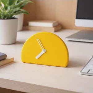 May include: A semi-circular yellow analog clock with a flat base and two white hands. The clock face is solid yellow with no numbers or markings, featuring a simple white hour hand and a white minute hand centered on the curved yellow surface.