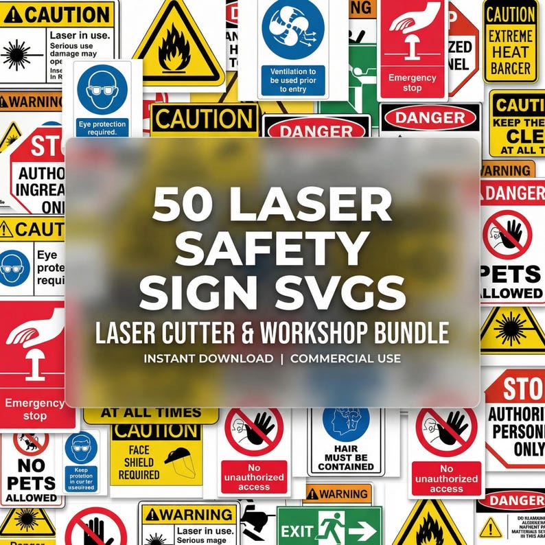 50 Laser Safety Signs SVG Bundle | Laser Cutter Warning Sign Pack ...