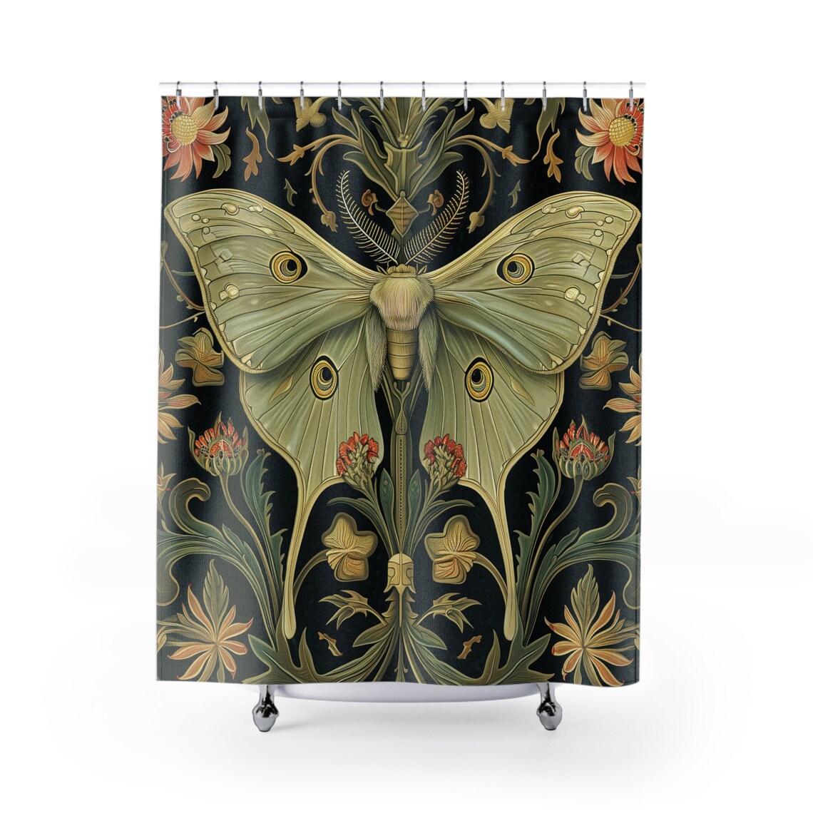 Green Luna Moth Shower Curtain, William Morris Shower Curtain, Floral ...