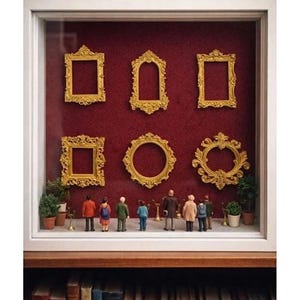 May include: A white shadow box frame containing a deep red velvet backing with six ornate gold-colored picture frames mounted on the wall. Below the frames, several miniature figurines stand on a white floor alongside small potted green plants.