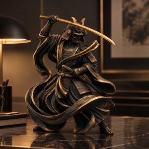 May include: A dark charcoal and gold-toned samurai figurine in a dynamic combat pose. The warrior wears traditional armor and a helmet, holding a curved katana sword above the head with one hand while the other hand rests on a second sword.