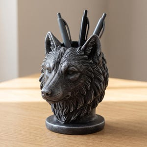 Wolf Head Pen Holder, Painted or Matte Black Wolf Desk Organizer, Pencil Cup, Wolf Lover Office Gift, 14cm