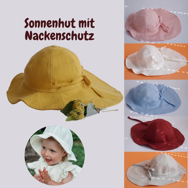 Mädchen Sonnenhut mit Nackenschutz, Sonnenhut mit Bindeband