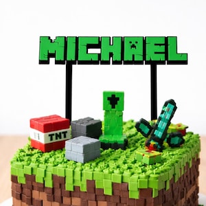 Può includere: Una torta a tema Minecraft con un design a blocchi verdi e marroni, sormontata da un cartello verde "MICHAEL". La torta presenta decorazioni commestibili TNT, Creeper e spada, il tutto su un piatto bianco.
