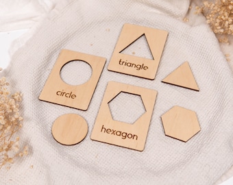 12 Wooden Shapes Flash Cards, Shape Puzzle, Shapes and Names, Wood Montessori Toys, Educational Toy, Gift for Kids, Preschool, Homeschool