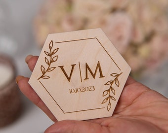 Imanes de madera para boda, regalos para boda, etiquetas hexagonales, recuerdos de madera, imanes de madera de alta calidad, imanes para recuerdos de boda
