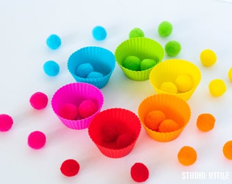 Color Sorting Games, Learn the Colors, Sensory Play, 6 colors, Pompons, Silicone Cups, Montessori, Sensory Games, Sensory Play