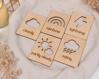 12 Weather Flash Cards, Wooden Cards Weather, Wood Montessori Toys, Educational Toy, Gift for Kids, Preschool, Homeschool, Learn the Weather