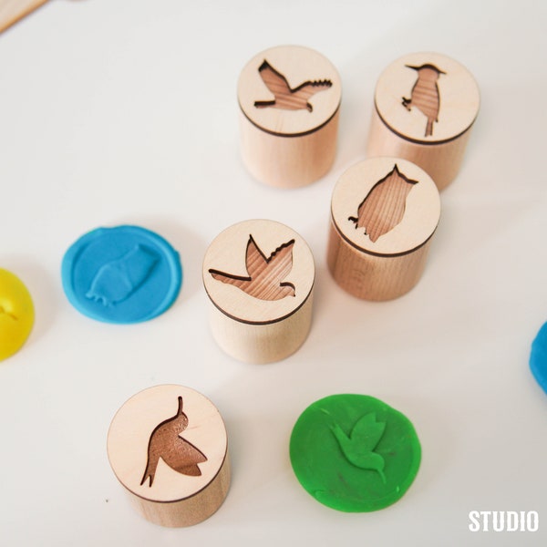 Birds Play Dough Stamps, Double-sided Play Dough Stamp Set, Wooden Stampers, Sensory Play Kit, Wooden Stamps for Play Dough, Montessori