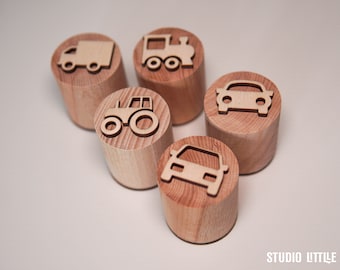 Vehicles Dough Stamps, Car, Truck, Train, Tractor Double-Sided Stamp Set, Wooden Stampers, Sensory Play Kit, Wooden Stamps, Montessori