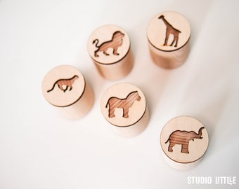 Safari Animals Play Dough Stamps, Double-sided Play Dough Stamp Set, Wooden Stampers, Sensory Play Kit, Wooden Stamps, Montessori, Sensory