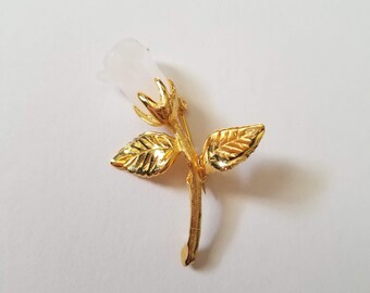 Frosted Rose Bud and Gold Toned Brooch