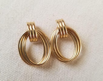 Vintage 14K Gold Triple Circle Door Knocker Earrings for Pierced Ears