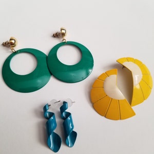 Set of 3- Vintage 80's Metal Earrings- Yellow, Green, Blue