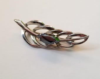 Silver Tone Leaf/ Feather Brooch with Black Rhinestone
