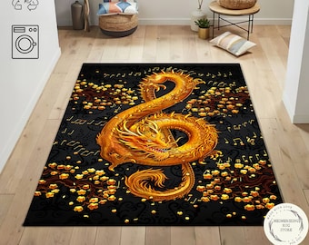 Dragon Treble Clef Rug, Music Notes, Washable Area Carpet