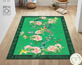 Green Rug: Birds and Flowers Pattern, Vintage Style Decor for Bedroom
