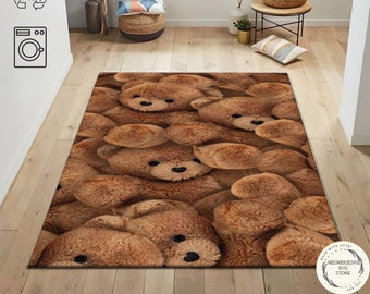 Teddy Bear Print Rug: Fluffy Brown Animal Carpet, Kids Nursery Decor