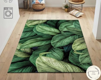 Green Leaf Pattern Rug: Soft Velvet Modern Art Rug