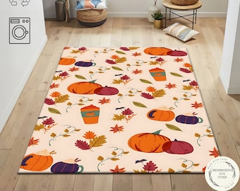 Alfombra con estampado de calabaza y hojas: decoración otoñal, alfombra para sala de estar