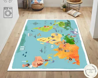 World Map Kids Rug: Educational Play Mat, Continents & Animals