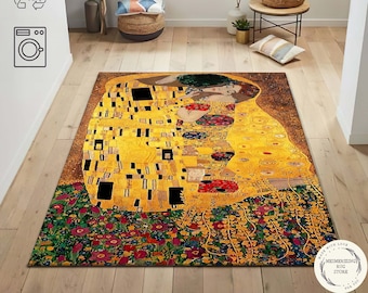 Gustav Klimt 'The Kiss' Art Rug: Famous Paintings, Gold Accent Decor, Wall Hanging