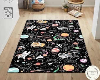 Astronaut Animals Space Themed Rug: Planets Kids Room Play Mat