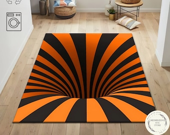 3D Vortex Rug: Black and Orange Optical Illusion Rug