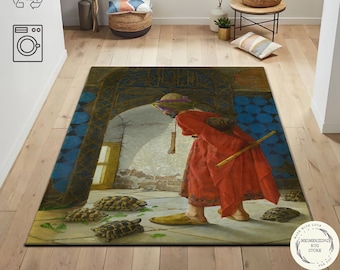 The Tortoise Trainer Rug: Osman Hamdi Bey Famous Painting Tapestry, Ottoman Style Wall Hanging