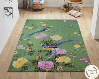Green Birds and Flowers Rug: Vintage Floral Decor, Antiquity Carpets
