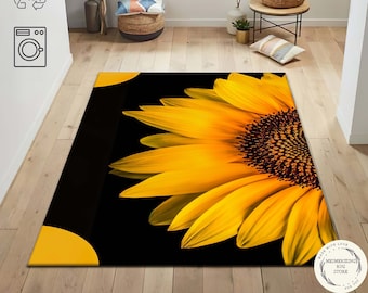 Sunflower Rug: Black & Yellow Floral Print, Washable Accent Rug