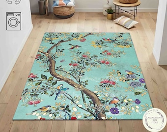 Birds and Flowers Rug: Vintage Style Green Carpet for Bedroom