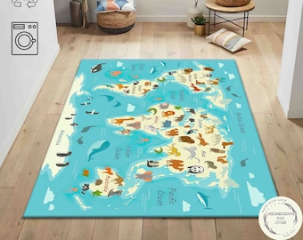 World Map Kids Rug: Educational Continents & Animals Play Mat for Toddlers