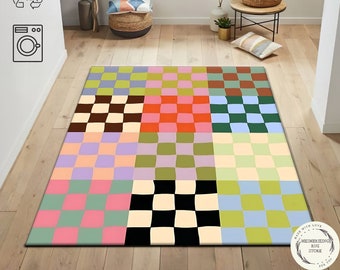 Alfombra a cuadros multicolor: Alfombra retro pastel para sala de estar