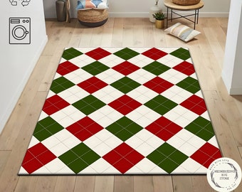 Christmas Argyle Rug, Red Green Plaid Area Rug, Preppy Holiday Carpet, Classic Diamond Pattern Rug, Cozy Winter Christmas Home Decor