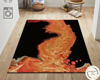 Black & Orange Marbling Rug: Modern Abstract Art Decor, Oil Painting