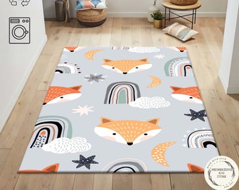 Fox Kids Rug: Woodland Animals, Rainbow Nursery Play Mat
