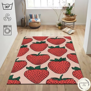 Pink Red Strawberry Design Rug, Strawberry Carpet, Kids Room Decor, Kitchen Rug, Cute Kitchen Mat,Strawberry Pattern Kids Rug,Gift for Girls